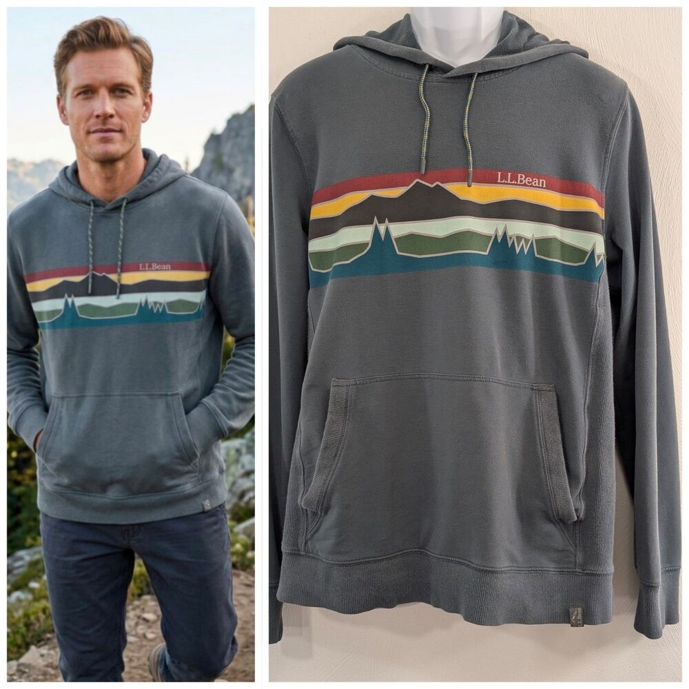 LL Bean Hoodie Mens M Navy Slightly Fitted Stretch Hiking Logo Soft Oversized